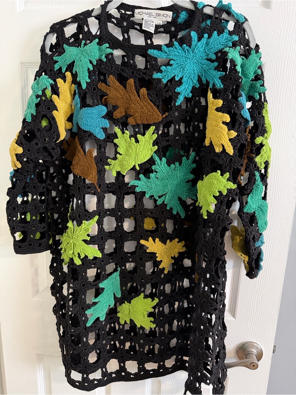 Michael Simon Vintage Black Crochet Sweater Dress with Multicolor Leaf Appliqués